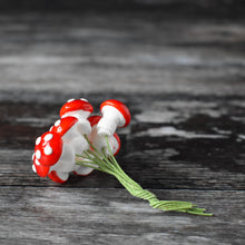 Load image into Gallery viewer, Red spun cotton mushrooms - 13 mm fly agaric / amanita decorations on wire stem