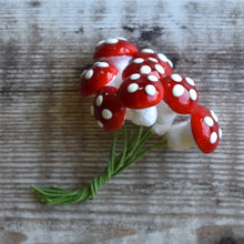 Load image into Gallery viewer, Red spun cotton mushrooms - 13 mm fly agaric / amanita decorations on wire stem