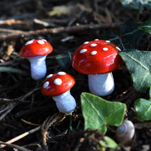 Load image into Gallery viewer, Red spun cotton mushrooms - 13 mm fly agaric / amanita decorations on wire stem