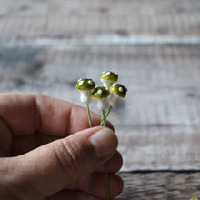 Load image into Gallery viewer, Ten glazed spun cotton mushrooms - 1.1 cm tiny green mushrooms on wire stem