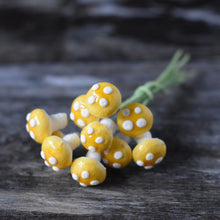 Load image into Gallery viewer, Ten glazed spun cotton mushrooms - 1.1 cm tiny yellow mushrooms on wire stem
