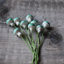 Load image into Gallery viewer, Ten glazed spun cotton mushrooms - 1.1 cm tiny blue mushrooms on wire stem