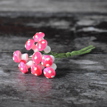 Load image into Gallery viewer, Ten glazed spun cotton mushrooms - 1.1 cm tiny pink mushrooms on wire stem
