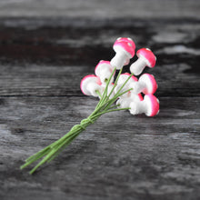 Load image into Gallery viewer, Ten glazed spun cotton mushrooms - 1.1 cm tiny pink mushrooms on wire stem