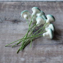 Load image into Gallery viewer, Ten glazed spun cotton mushrooms - 1.4 cm small blue mushrooms on wire stem
