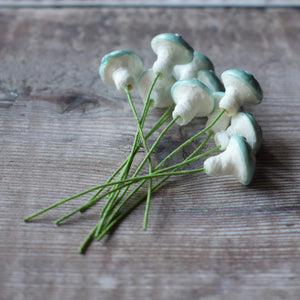 Ten glazed spun cotton mushrooms - 1.4 cm small blue mushrooms on wire stem