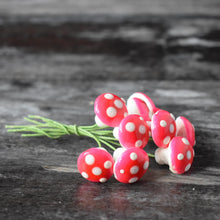 Load image into Gallery viewer, Ten glazed spun cotton mushrooms - 1.4 cm small pink mushrooms on wire stem