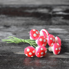 Load image into Gallery viewer, Ten glazed spun cotton mushrooms - 1.4 cm small pink mushrooms on wire stem
