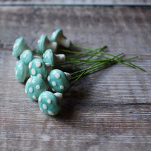 Load image into Gallery viewer, Ten glazed spun cotton mushrooms - 1.4 cm small blue mushrooms on wire stem