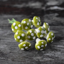 Load image into Gallery viewer, Ten glazed spun cotton mushrooms - 1.4 cm small green mushrooms on wire stem