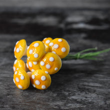 Load image into Gallery viewer, Ten glazed spun cotton mushrooms - 1.4 cm small yellow mushrooms on wire stem
