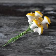Load image into Gallery viewer, Ten glazed spun cotton mushrooms - 1.4 cm small yellow mushrooms on wire stem
