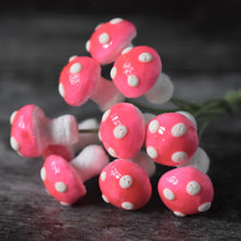 Load image into Gallery viewer, Ten glazed spun cotton mushrooms - 1.1 cm tiny pink mushrooms on wire stem