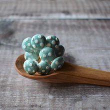 Load image into Gallery viewer, Ten glazed spun cotton mushrooms - 1.4 cm small blue mushrooms on wire stem