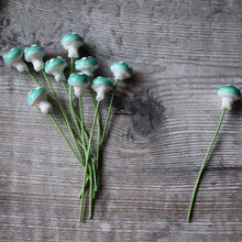 Load image into Gallery viewer, Ten glazed spun cotton mushrooms - 1.1 cm tiny blue mushrooms on wire stem