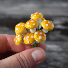 Load image into Gallery viewer, Ten glazed spun cotton mushrooms - 1.4 cm small yellow mushrooms on wire stem
