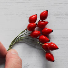 Load image into Gallery viewer, Rosehips - ten glazed spun cotton rosehips on wire stem