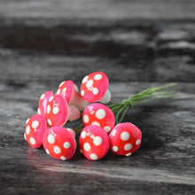 Load image into Gallery viewer, Ten glazed spun cotton mushrooms - 1.4 cm small pink mushrooms on wire stem