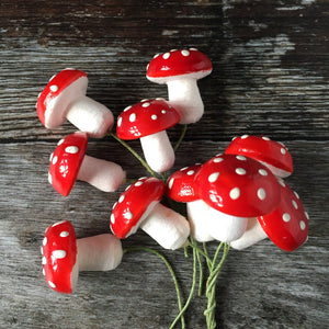 Red spun cotton mushrooms - 19 mm fly agaric / amanita decorations on wire stem