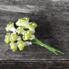Load image into Gallery viewer, Ten glazed spun cotton mushrooms - 1.1 cm tiny green mushrooms on wire stem
