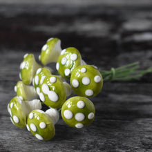 Load image into Gallery viewer, Ten glazed spun cotton mushrooms - 1.4 cm small green mushrooms on wire stem
