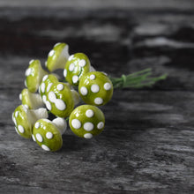 Load image into Gallery viewer, Ten glazed spun cotton mushrooms - 1.4 cm small green mushrooms on wire stem