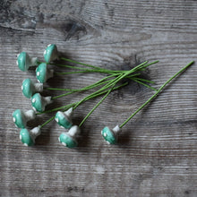 Load image into Gallery viewer, Ten glazed spun cotton mushrooms - 1.1 cm tiny blue mushrooms on wire stem
