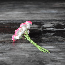 Load image into Gallery viewer, Ten glazed spun cotton mushrooms - 1.1 cm tiny pink mushrooms on wire stem