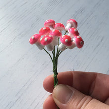 Load image into Gallery viewer, Ten glazed spun cotton mushrooms - 1.1 cm tiny pink mushrooms on wire stem