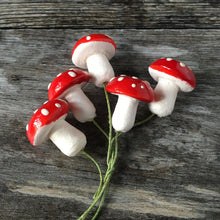 Load image into Gallery viewer, Red spun cotton mushrooms - 19 mm fly agaric / amanita decorations on wire stem
