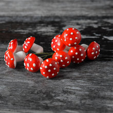 Load image into Gallery viewer, Red spun cotton mushrooms - 19 mm fly agaric / amanita decorations on wire stem
