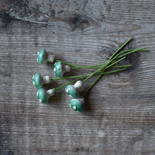Load image into Gallery viewer, Ten glazed spun cotton mushrooms - 1.1 cm tiny blue mushrooms on wire stem