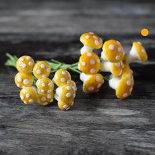 Load image into Gallery viewer, Ten glazed spun cotton mushrooms - 1.4 cm small yellow mushrooms on wire stem
