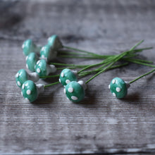 Load image into Gallery viewer, Ten glazed spun cotton mushrooms - 1.1 cm tiny blue mushrooms on wire stem