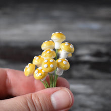 Load image into Gallery viewer, Ten glazed spun cotton mushrooms - 1.1 cm tiny yellow mushrooms on wire stem
