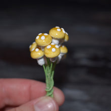 Load image into Gallery viewer, Ten glazed spun cotton mushrooms - 1.1 cm tiny yellow mushrooms on wire stem
