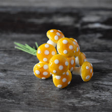 Load image into Gallery viewer, Ten glazed spun cotton mushrooms - 1.4 cm small yellow mushrooms on wire stem