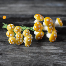 Load image into Gallery viewer, Ten glazed spun cotton mushrooms - 1.1 cm tiny yellow mushrooms on wire stem