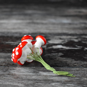 Red spun cotton mushrooms - 13 mm fly agaric / amanita decorations on wire stem