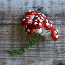 Load image into Gallery viewer, Red spun cotton mushrooms - 13 mm fly agaric / amanita decorations on wire stem
