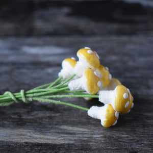 Ten glazed spun cotton mushrooms - 1.1 cm tiny yellow mushrooms on wire stem