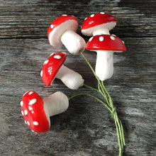 Load image into Gallery viewer, Red spun cotton mushrooms - 19 mm fly agaric / amanita decorations on wire stem
