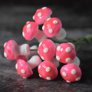 Ten glazed spun cotton mushrooms - 1.1 cm tiny pink mushrooms on wire stem