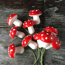 Load image into Gallery viewer, Red spun cotton mushrooms - 19 mm fly agaric / amanita decorations on wire stem
