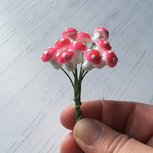 Load image into Gallery viewer, Ten glazed spun cotton mushrooms - 1.1 cm tiny pink mushrooms on wire stem
