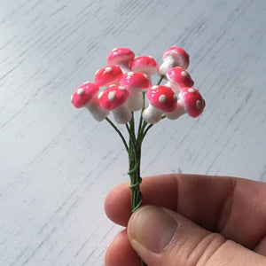 Ten glazed spun cotton mushrooms - 1.1 cm tiny pink mushrooms on wire stem