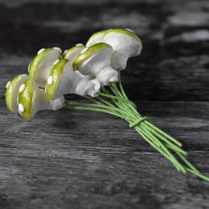 Ten glazed spun cotton mushrooms - 1.4 cm small green mushrooms on wire stem